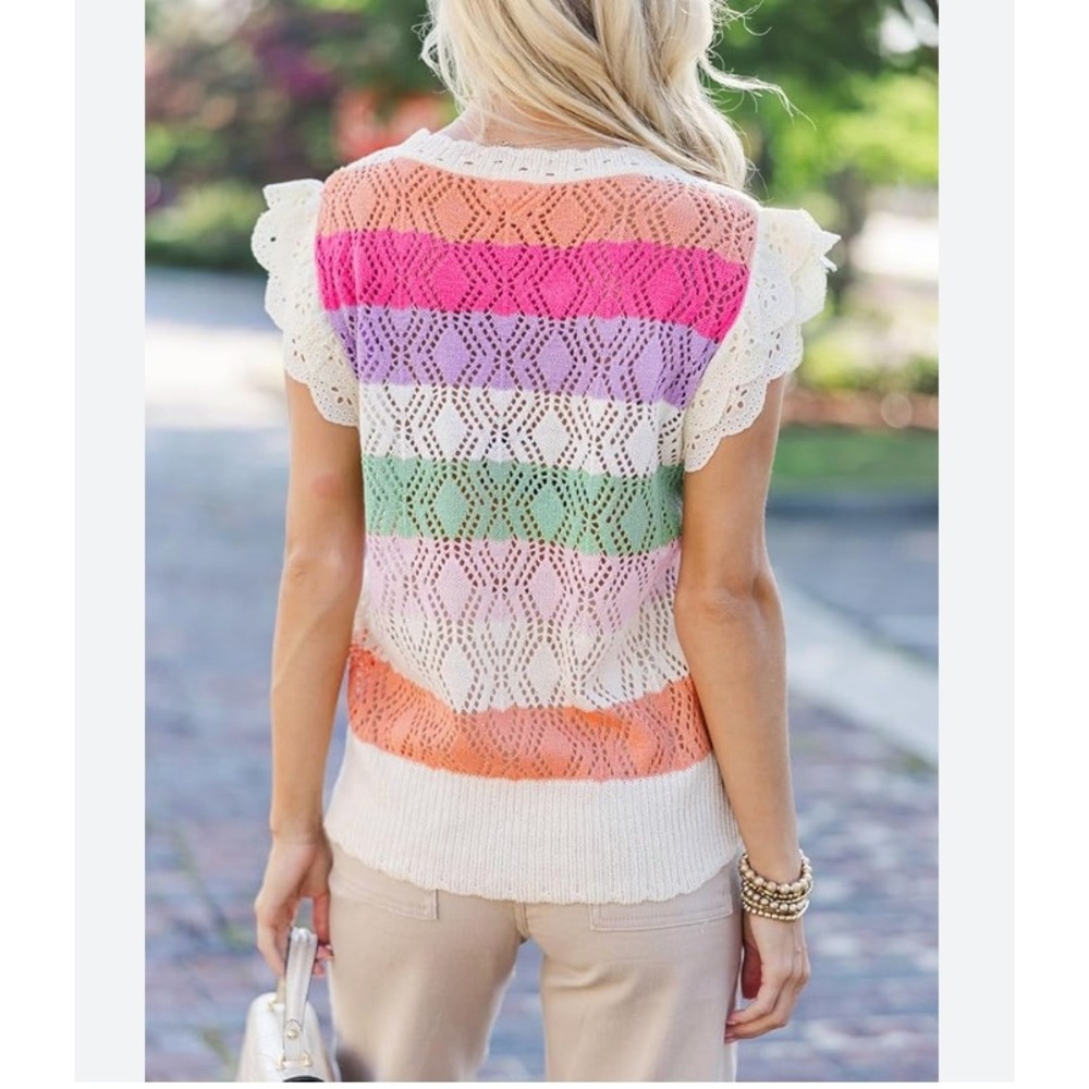 Bibi Cozy Color-Block Open-Knit Sweater Top w/ Ruffle Sleeves, XL - Picture 2 of 6